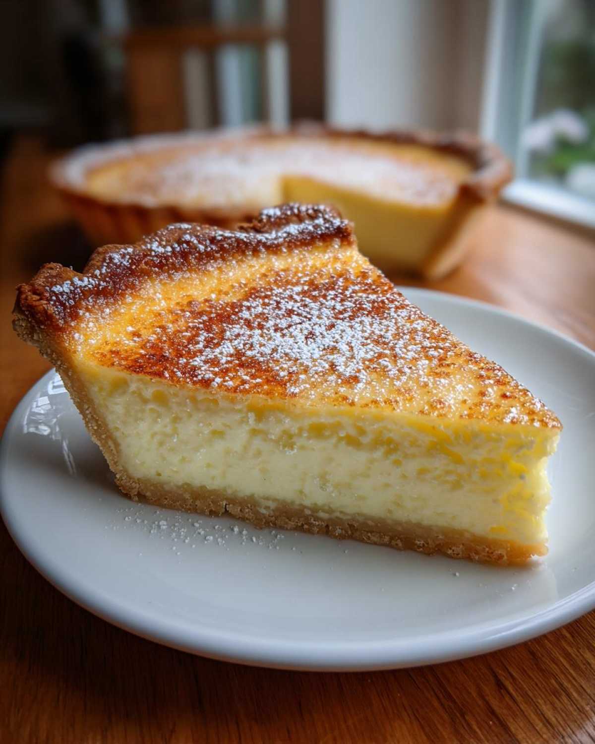 A close-up slice of creamy egg custard tart dusted with powdered sugar, with the rest of the tart blurred in the background.