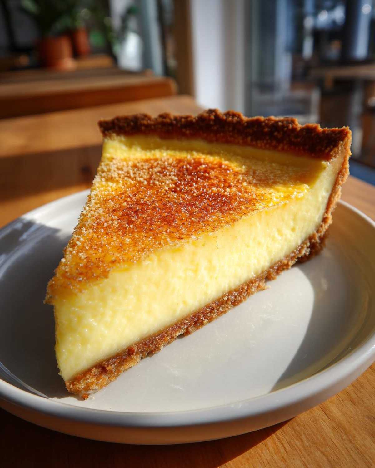 A perfect slice of creamy egg custard tart with a caramelized, sugared top, served on a white plate.
