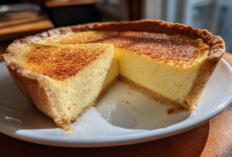 A perfect slice removed from a golden brown egg custard tart with a beautifully caramelized top.