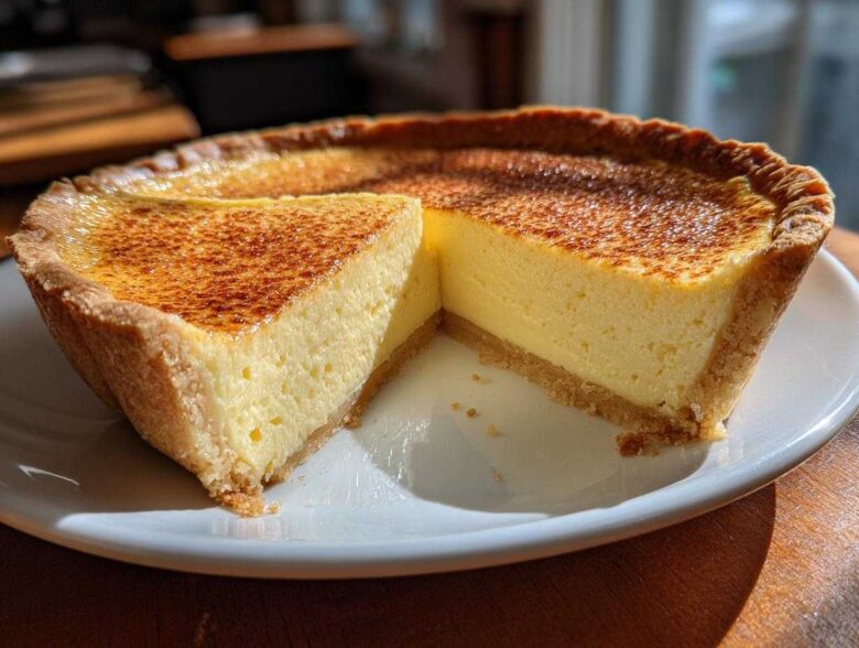 A perfect slice removed from a golden brown egg custard tart with a beautifully caramelized top.