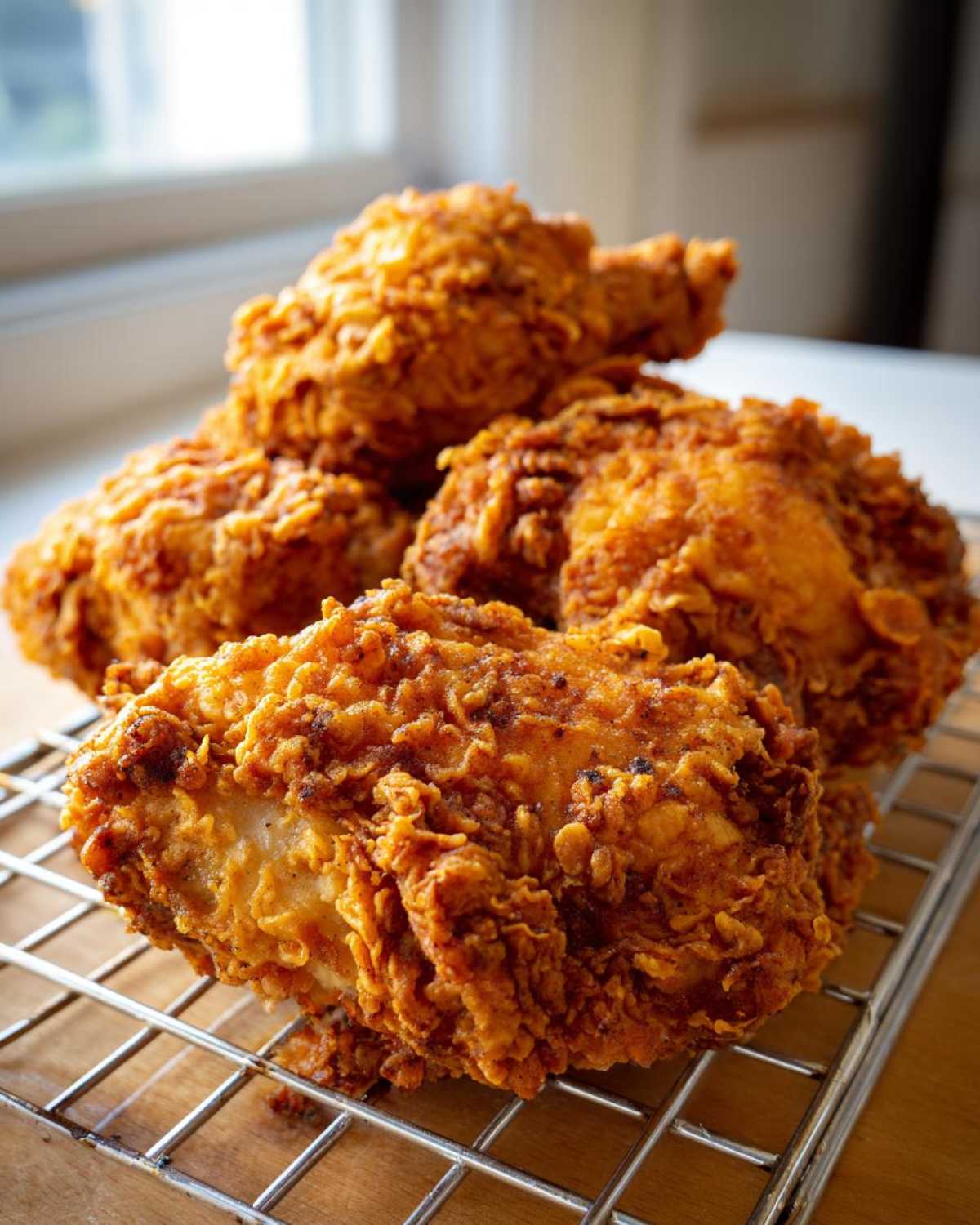 A stack of golden brown, crispy fried chicken pieces resting on a wire cooling rack.