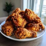 A close-up of a large pile of perfectly crispy, golden brown fried chicken wings stacked on a white plate.