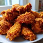 A large mound of perfectly golden and crispy fried chicken wings piled high on a white plate.