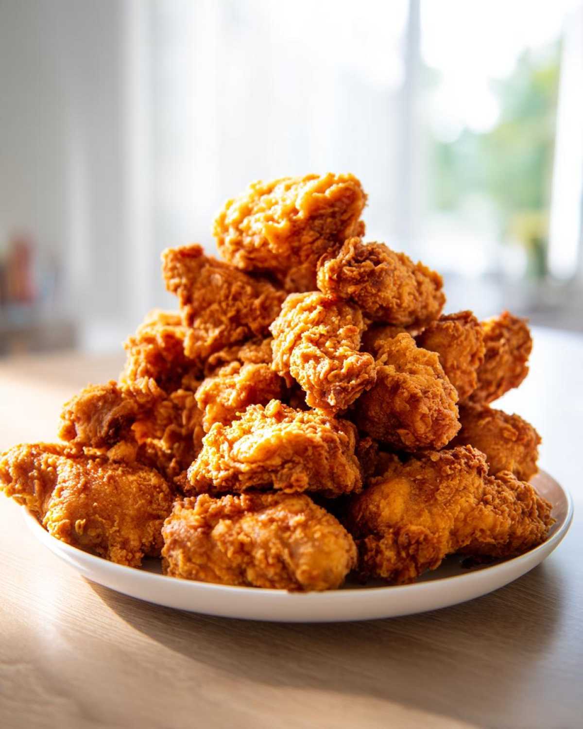 A large pile of golden brown, crispy fried chicken wings stacked high on a white plate.