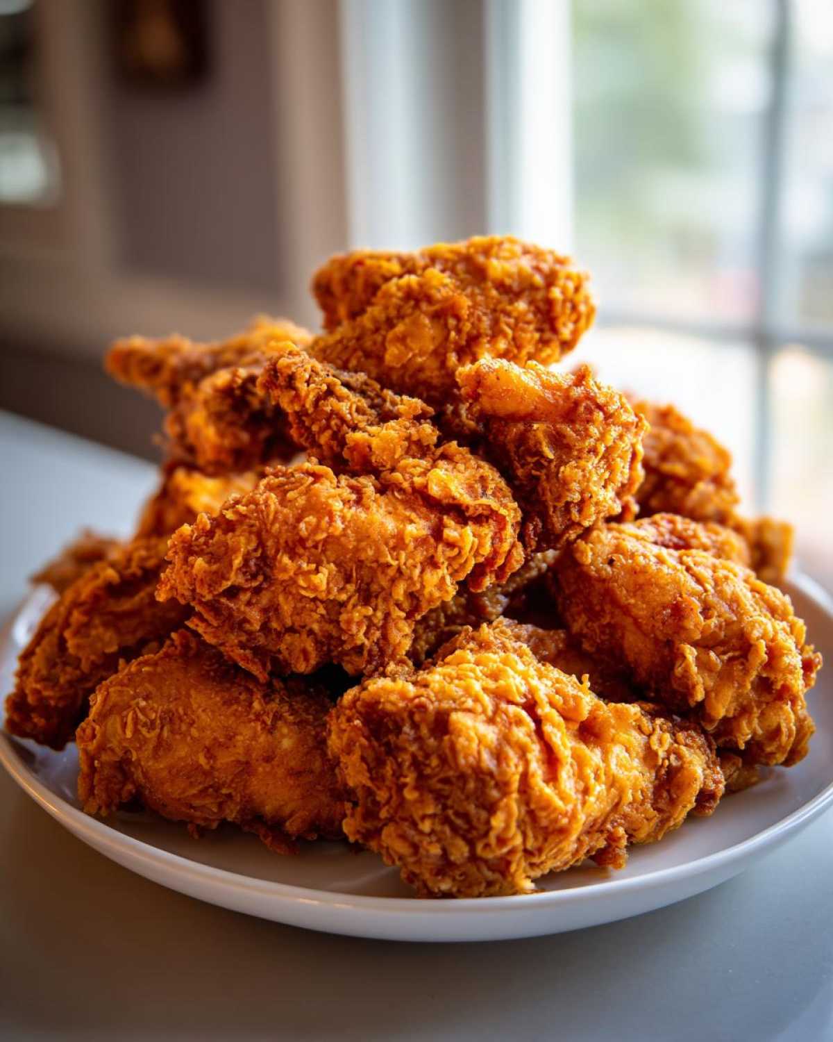 A large pile of golden brown, crispy fried chicken wings stacked high on a white plate.