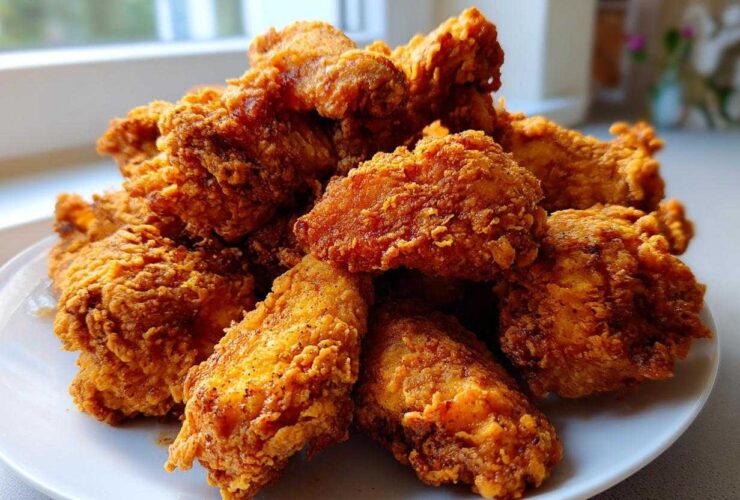 A large mound of perfectly golden and crispy fried chicken wings piled high on a white plate.