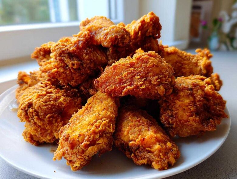 A large mound of perfectly golden and crispy fried chicken wings piled high on a white plate.