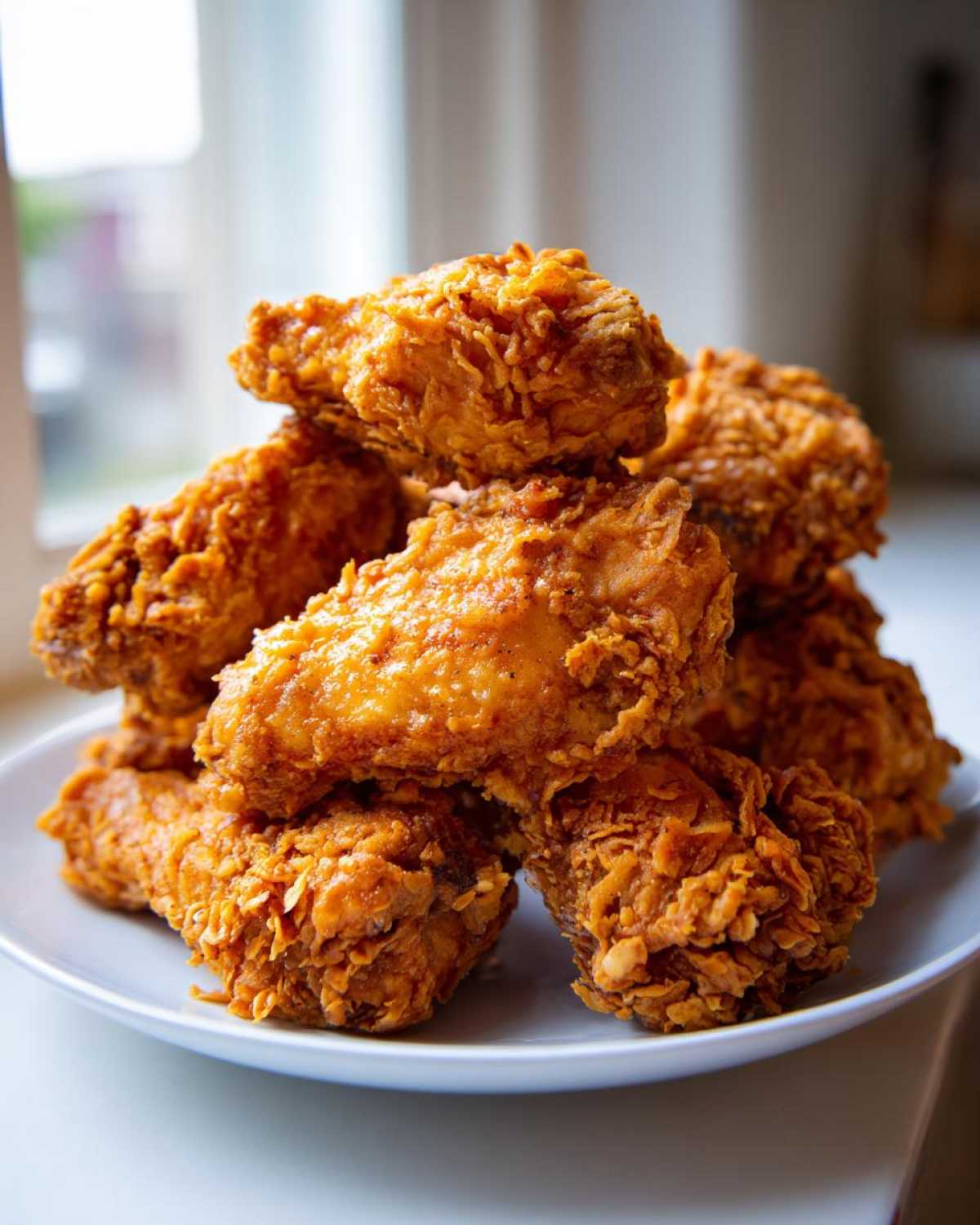 A close-up stack of golden brown, crispy fried chicken wings piled high on a white plate.