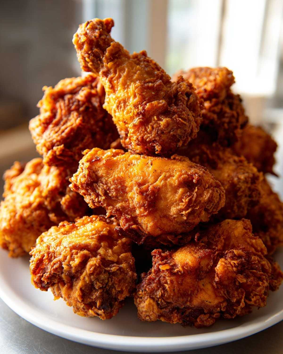 A close-up stack of golden brown, crispy fried chicken wings piled high on a white plate.