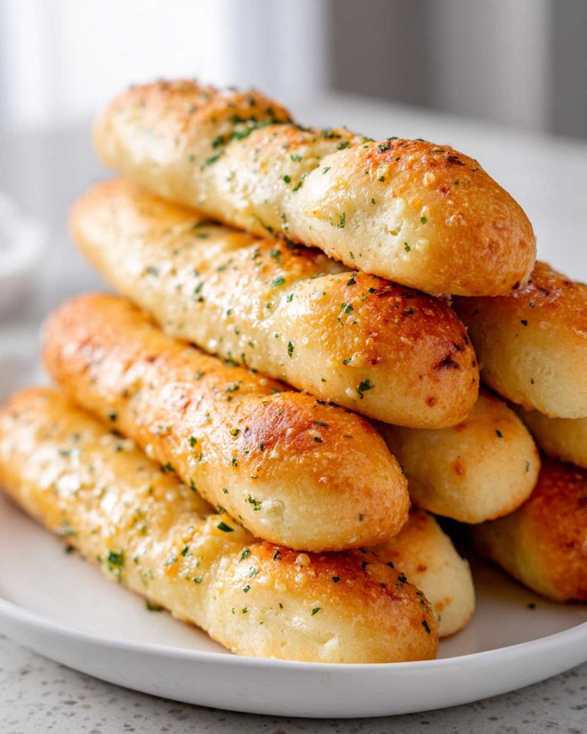 A close-up stack of golden brown, buttery breadsticks seasoned with garlic and green parsley flakes.