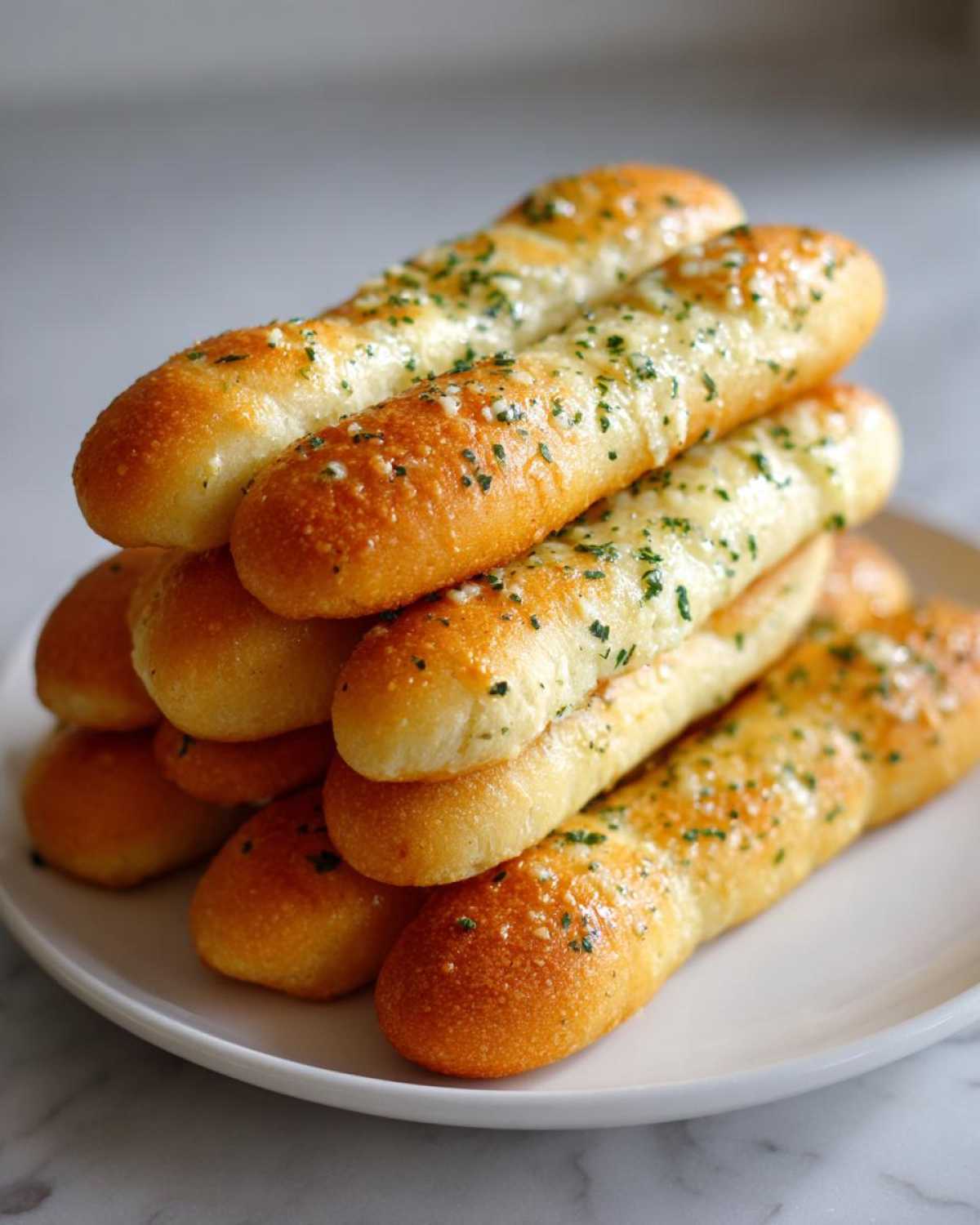 A tempting stack of freshly baked, golden brown breadsticks topped with melted butter, garlic, and chopped parsley.