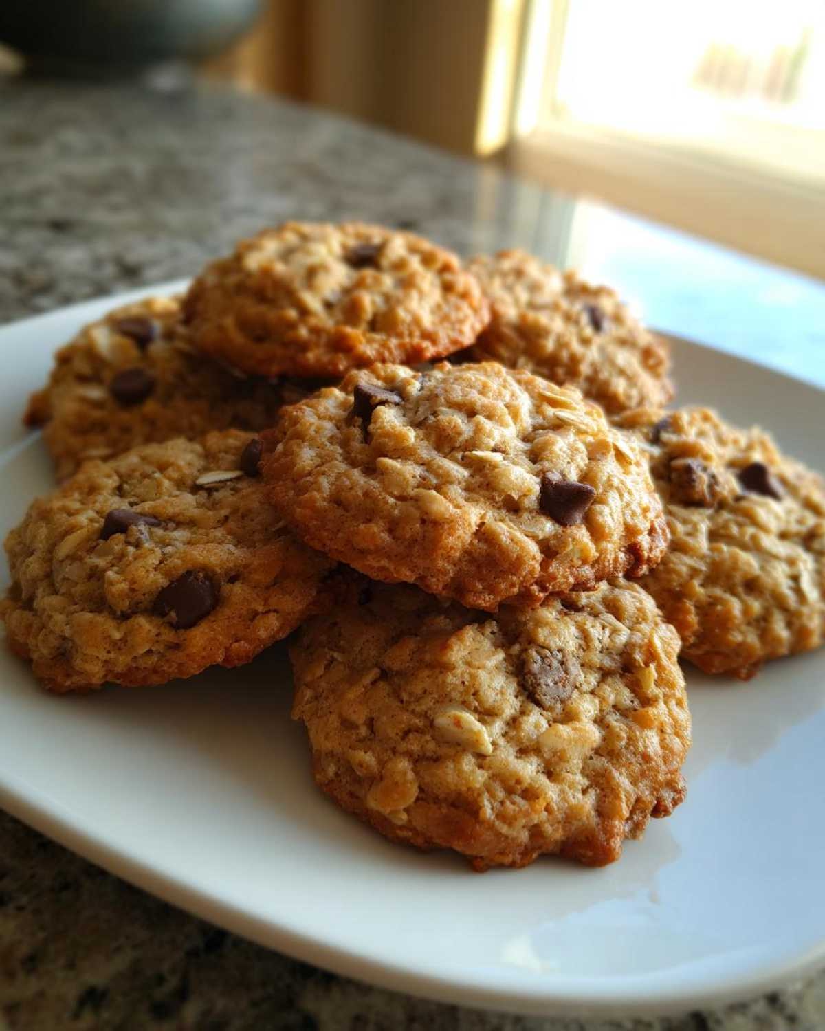 A close-up stack of freshly baked oatmeal cookie treats studded with chocolate chips on a white plate.