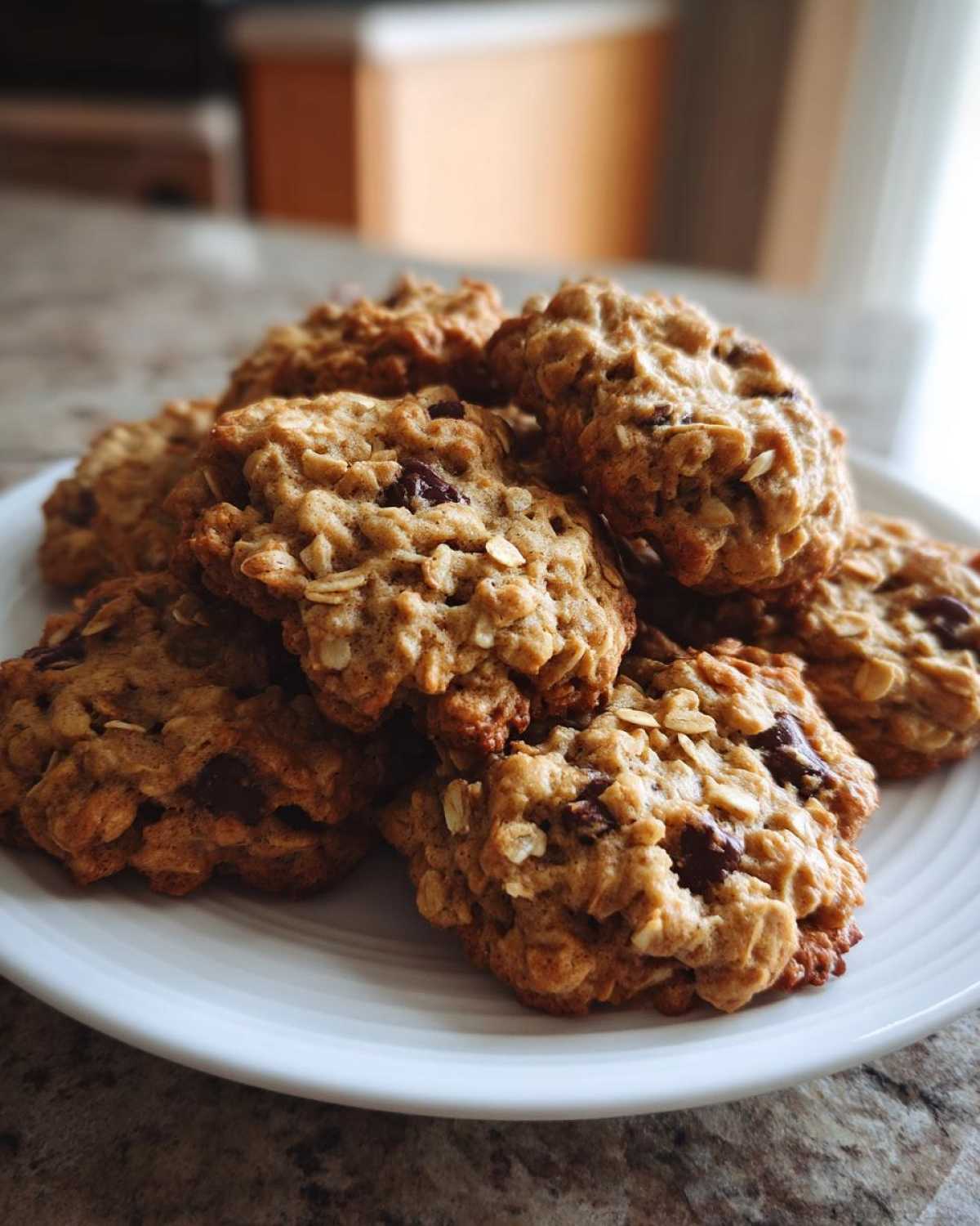 A close-up stack of freshly baked, chewy oatmeal cookie treats with visible oats and chocolate chunks on a white plate.