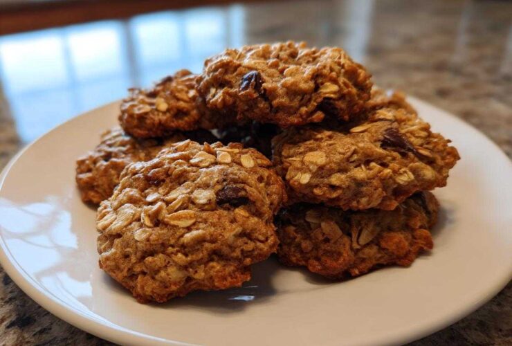 A stack of freshly baked, chewy oatmeal cookie treats piled high on a white plate.