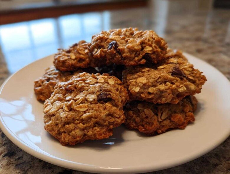 A stack of freshly baked, chewy oatmeal cookie treats piled high on a white plate.