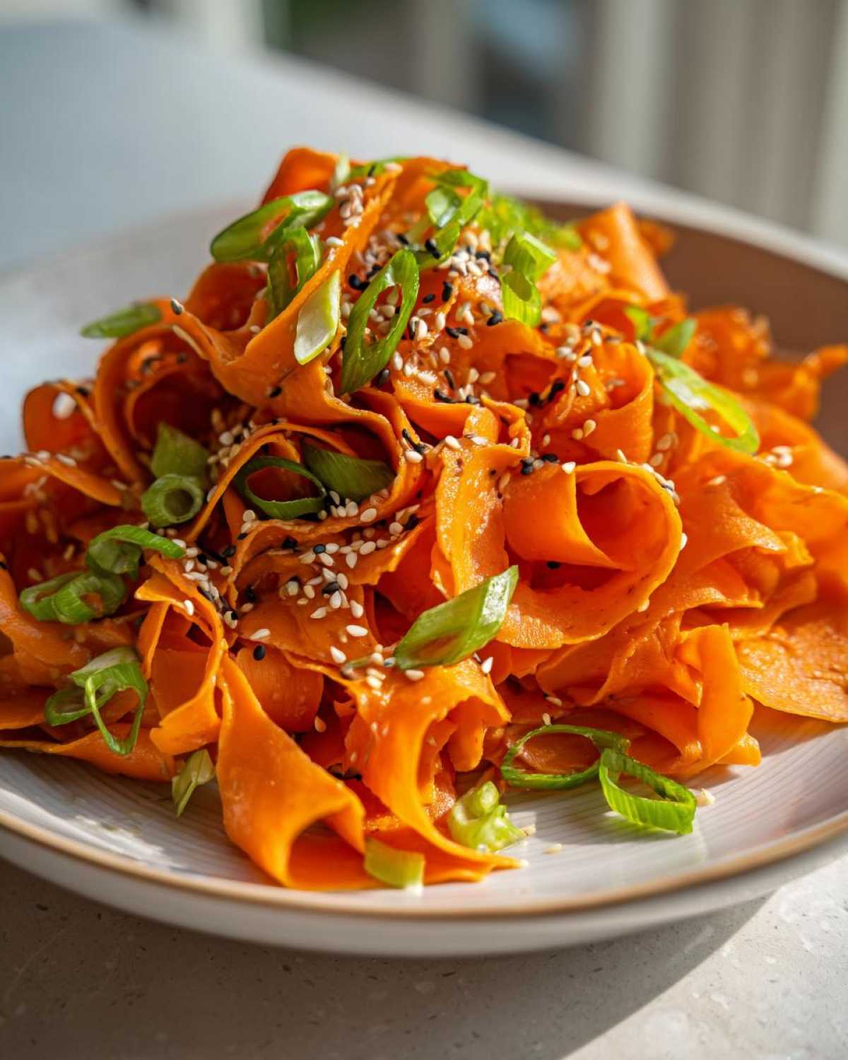 Close-up of a vibrant raw carrot salad made with shaved carrot ribbons, topped with sesame seeds and green onions.