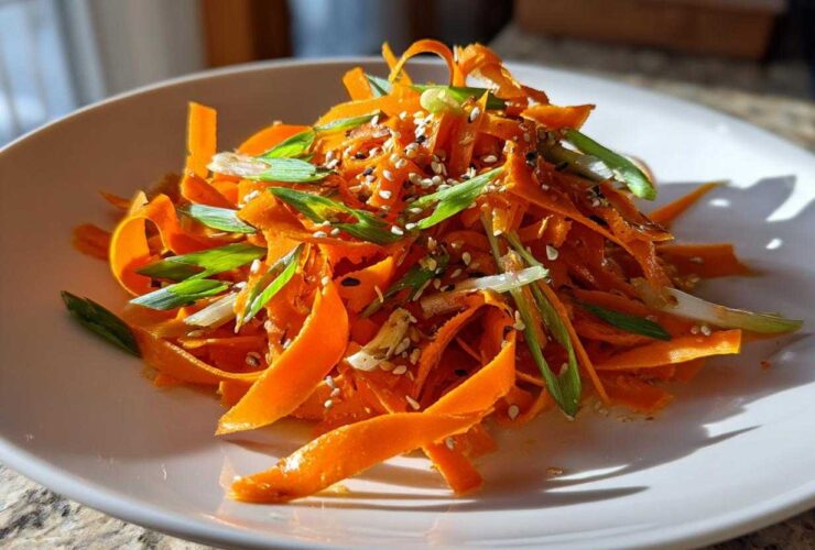 Close-up of a vibrant raw carrot salad made with shaved carrots, topped with sesame seeds and sliced green onions.