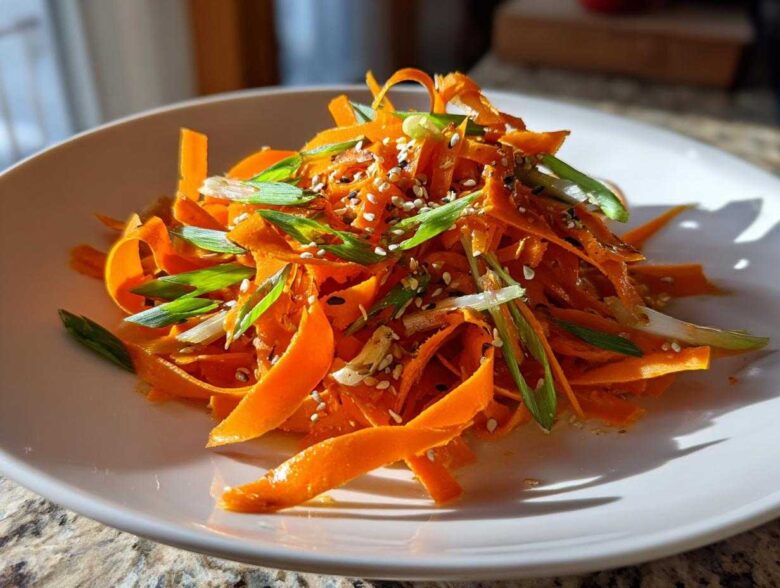 Close-up of a vibrant raw carrot salad made with shaved carrots, topped with sesame seeds and sliced green onions.