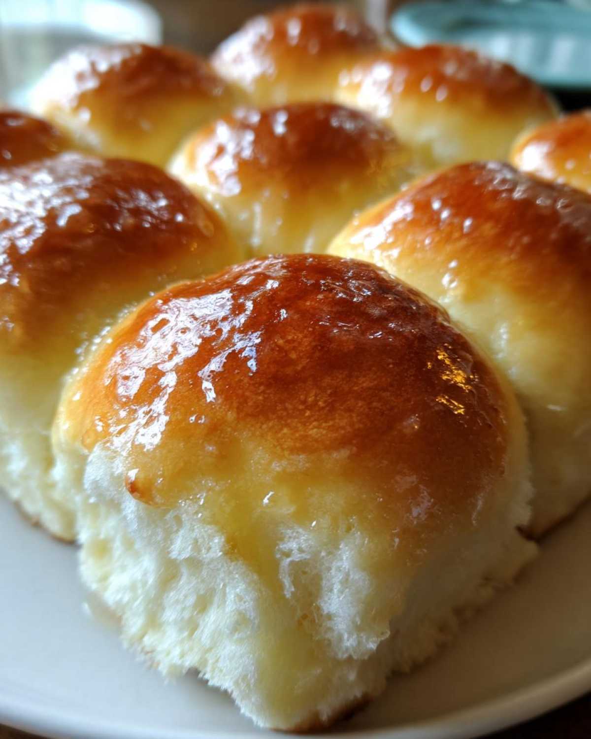 Close-up of several freshly baked, soft dinner rolls with a shiny, golden-brown glaze on top.