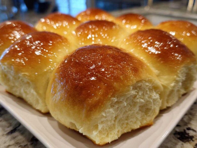 Close-up of a pan of freshly baked, soft dinner rolls with a shiny, golden-brown butter glaze.