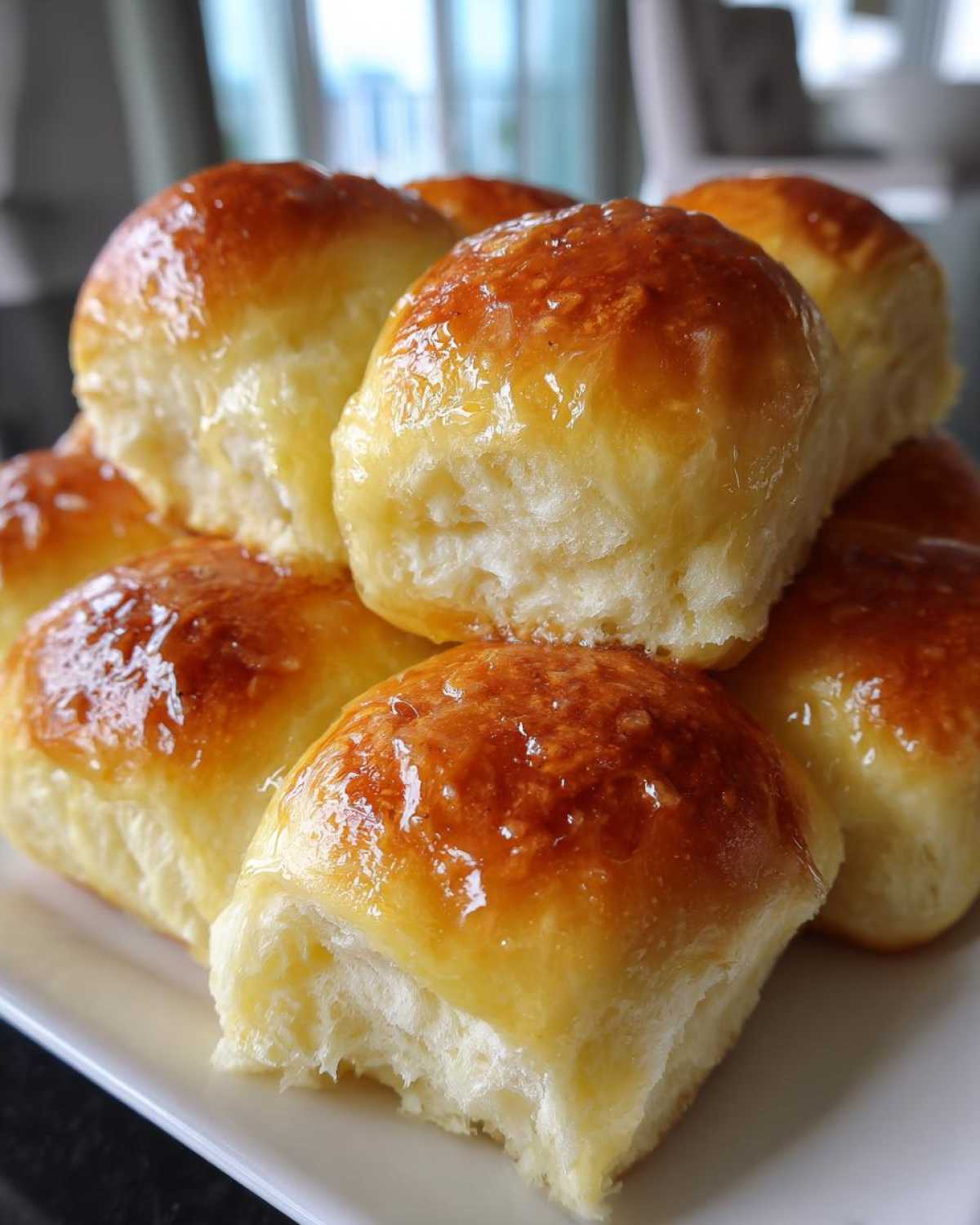 Close-up of several soft, golden-brown dinner rolls stacked on a white plate, glistening with a sweet glaze.
