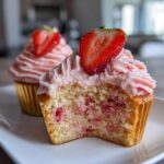 Close-up of a strawberry cupcake cut in half showing the moist cake and pink frosting, topped with a fresh strawberry slice.