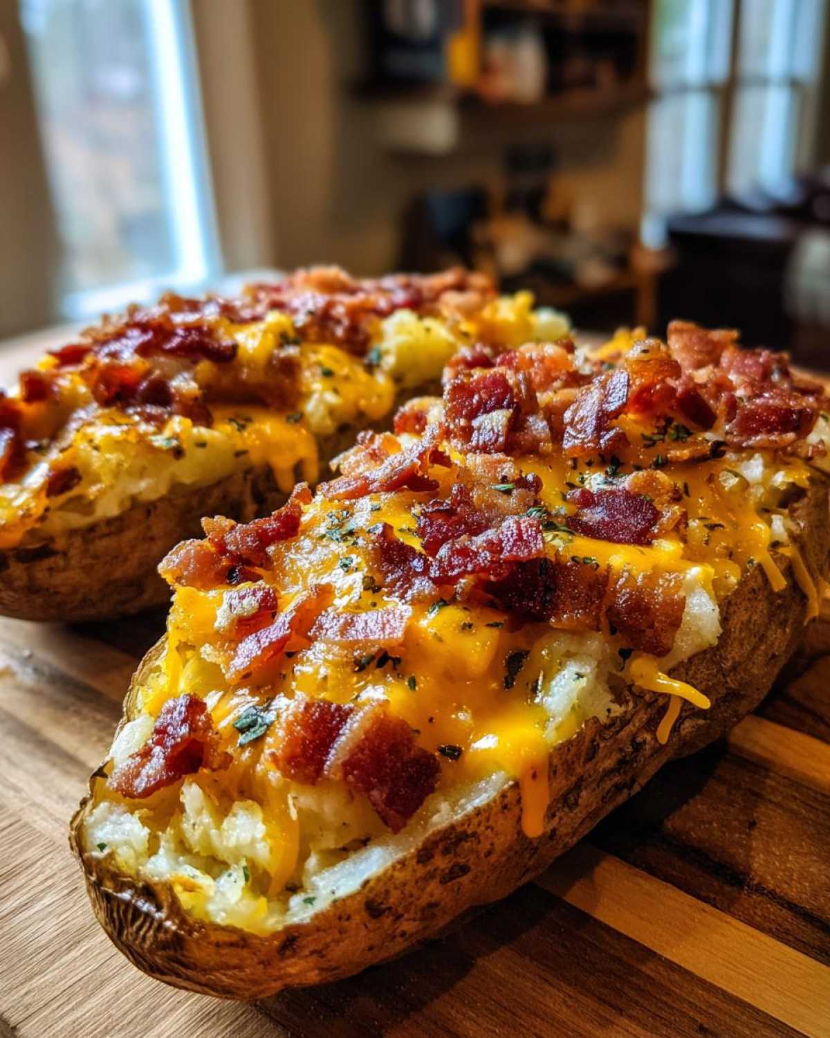 Close-up of two amazing twice baked potatoes loaded with melted cheddar cheese and crispy bacon bits.