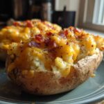 Two amazing twice baked potatoes loaded with melted cheddar cheese and bacon bits, served on a blue plate.