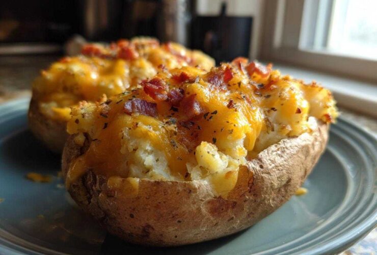 Two amazing twice baked potatoes loaded with melted cheddar cheese and bacon bits, served on a blue plate.