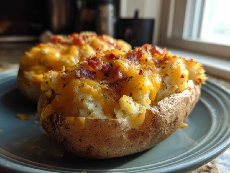 Two amazing twice baked potatoes loaded with melted cheddar cheese and bacon bits, served on a blue plate.