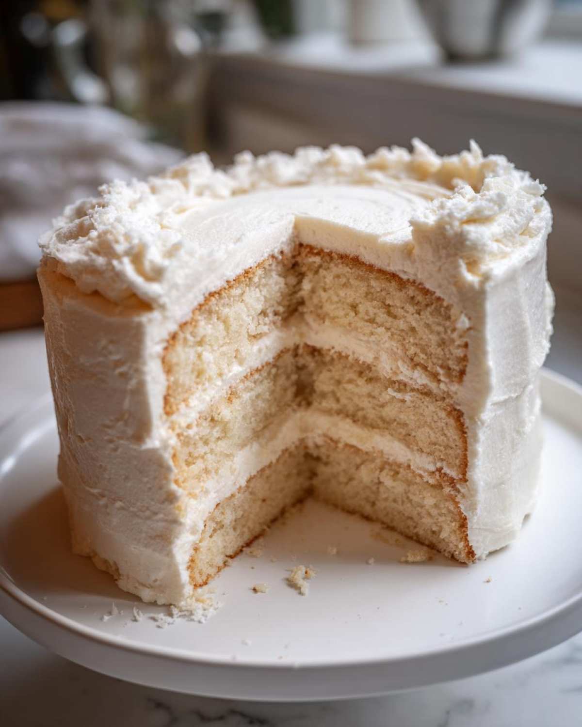 A three-layer vanilla cake recipe slice removed, showing moist interior and thick white frosting.