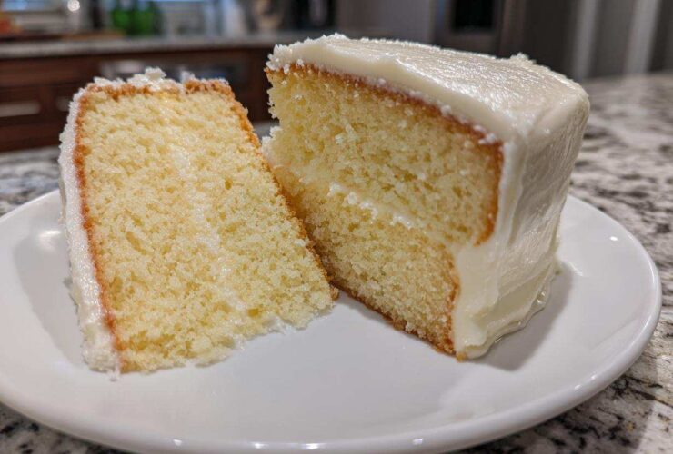Two slices of moist vanilla cake recipe covered in thick white buttercream frosting on a white plate.