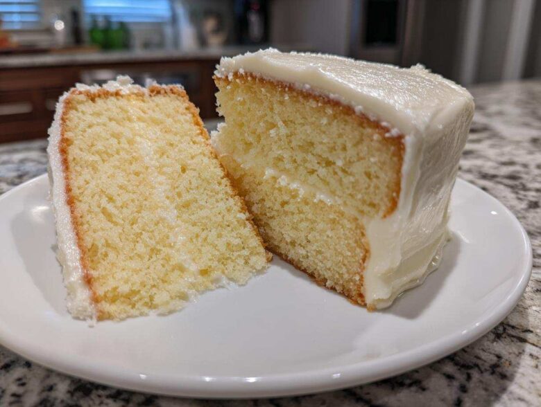 Two slices of moist vanilla cake recipe covered in thick white buttercream frosting on a white plate.