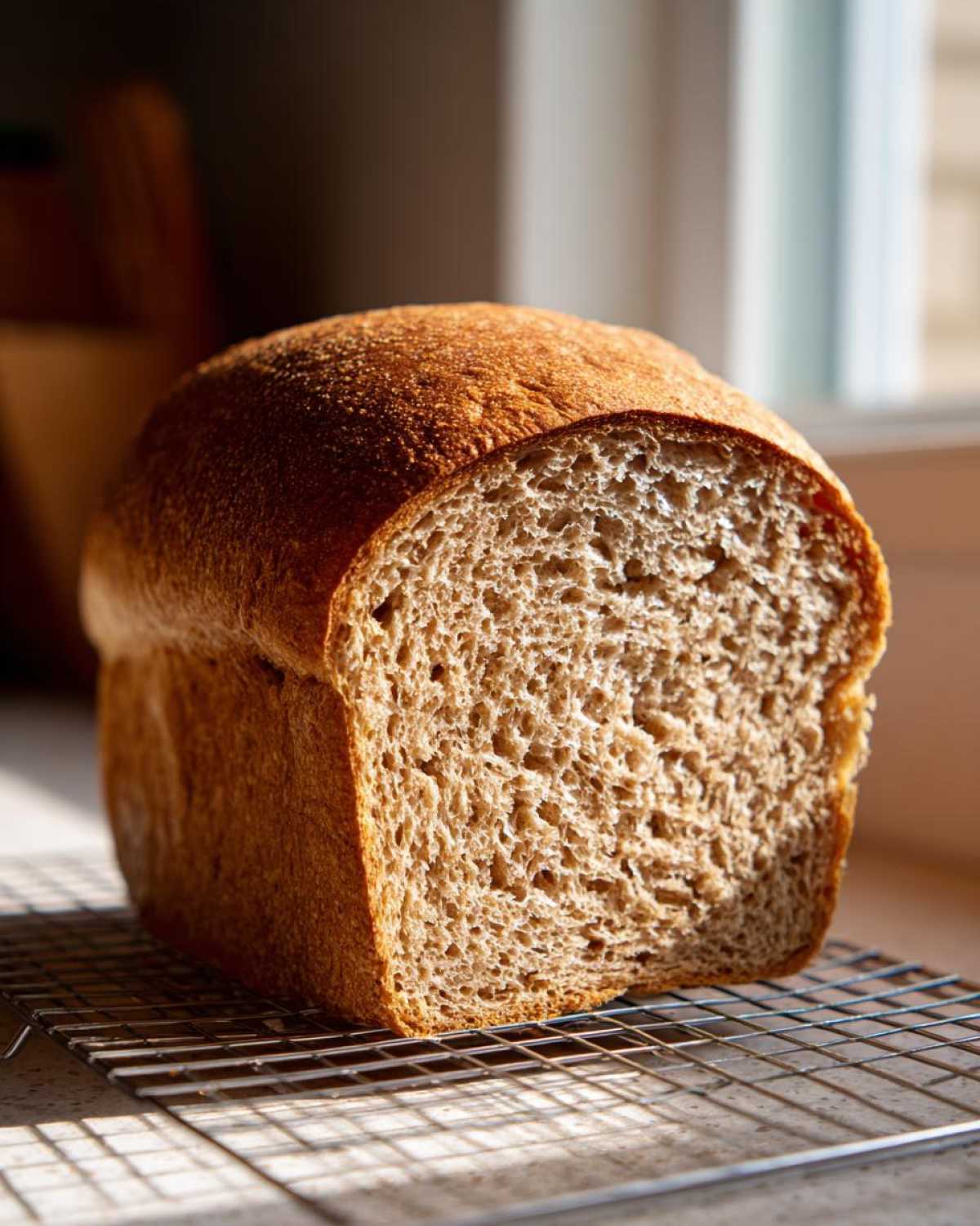 A beautiful loaf of homemade whole wheat bread, partially sliced, resting on a cooling rack in natural light.