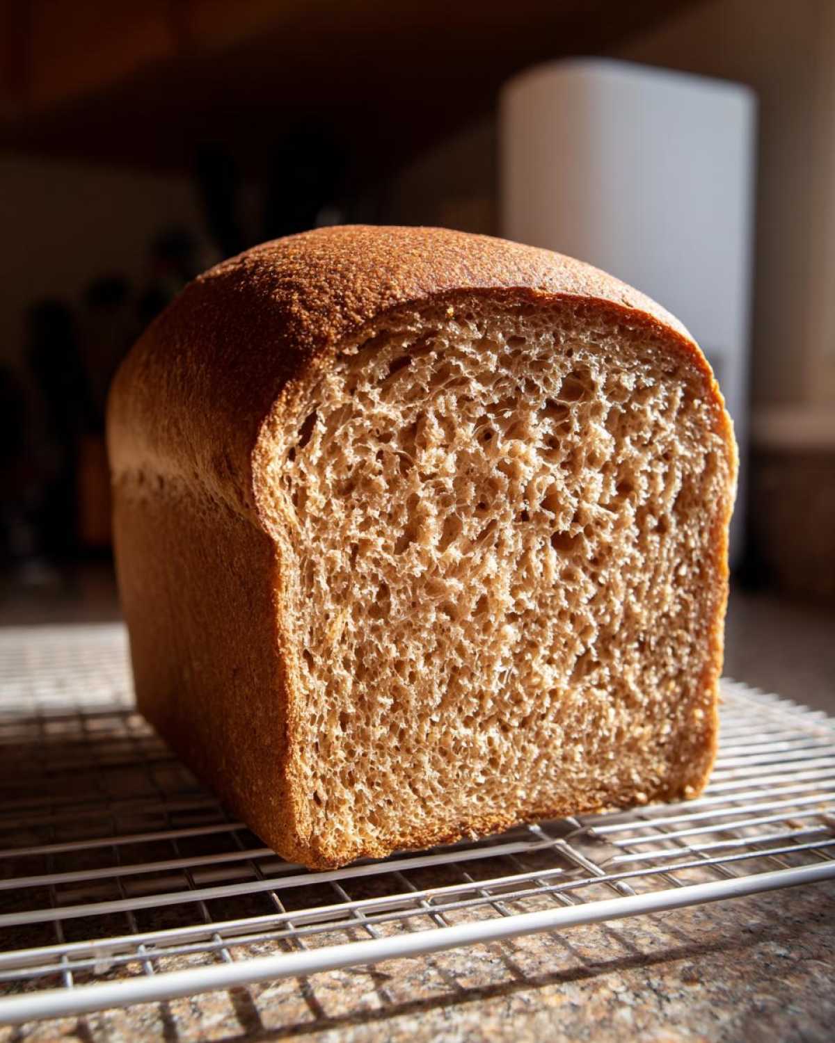 A freshly baked loaf of whole wheat bread, cut to show the soft, porous interior crumb, cooling on a wire rack.