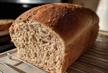 A close-up of a freshly baked whole wheat bread loaf, showing the soft, open crumb structure, resting on a cooling rack.