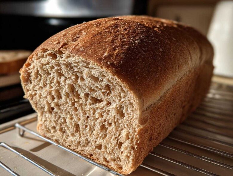 A close-up of a freshly baked whole wheat bread loaf, showing the soft, open crumb structure, resting on a cooling rack.