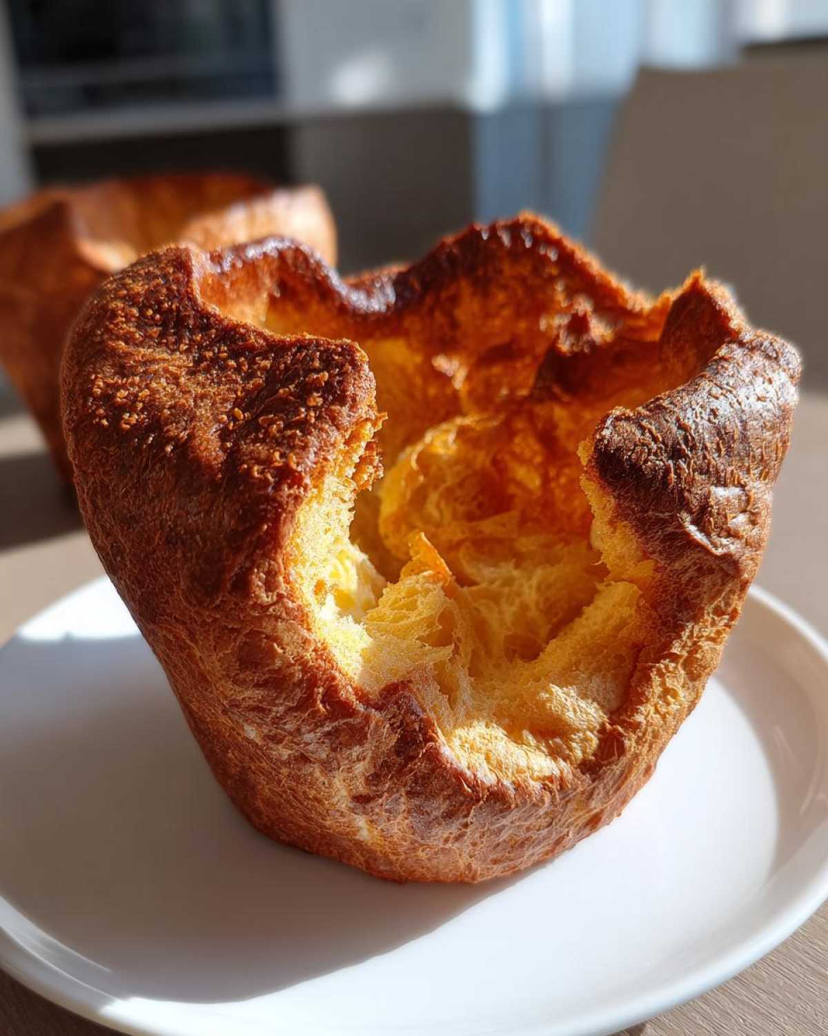 A golden brown, perfectly puffed Yorkshire pudding with a crisp exterior and soft interior, sitting on a white plate.