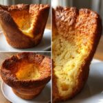 A collage showing a tall, golden brown, and perfectly puffed Yorkshire pudding with a deep well inside.