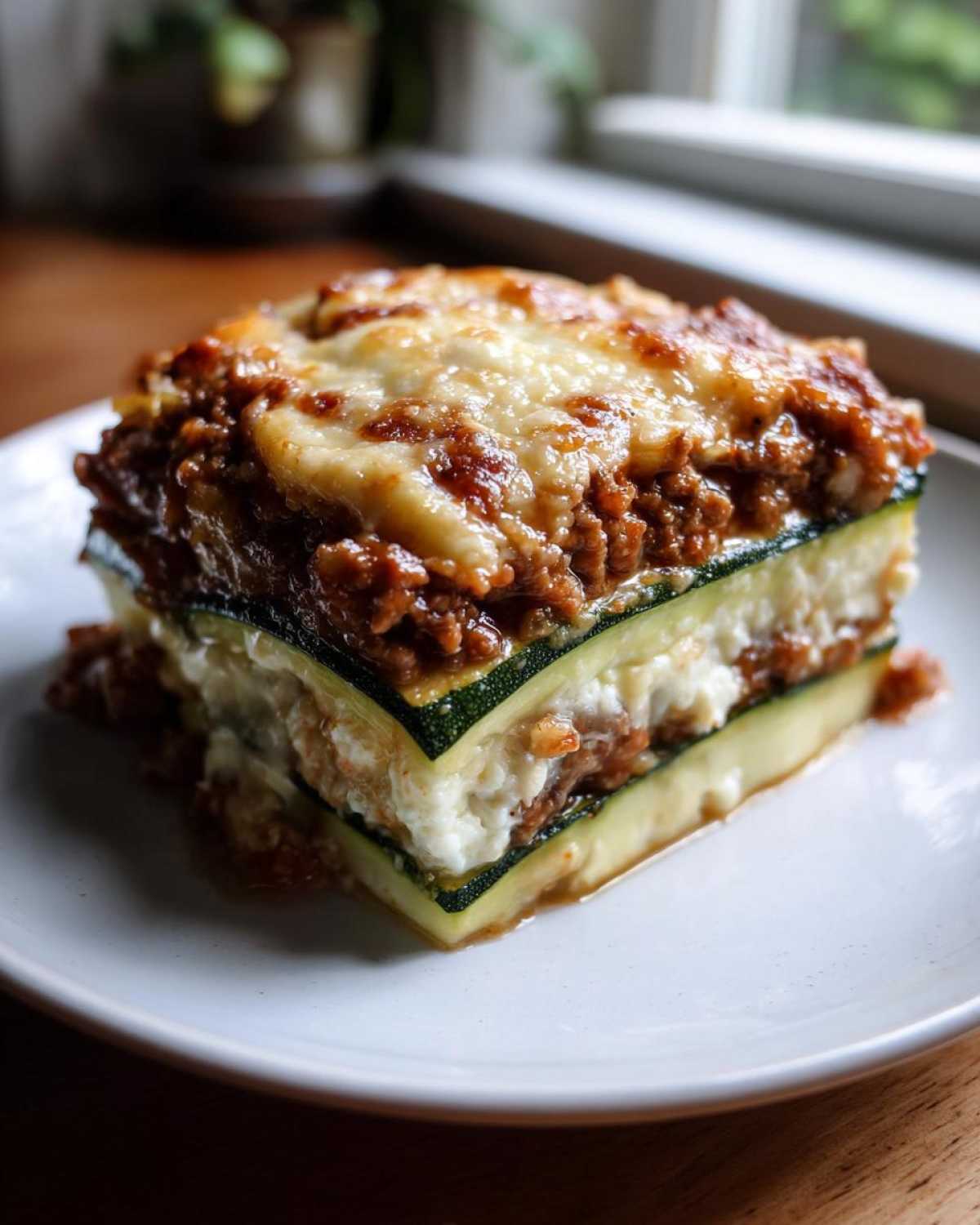 A perfectly layered slice of zucchini lasagna featuring zucchini noodles, ricotta, meat sauce, and melted cheese topping.