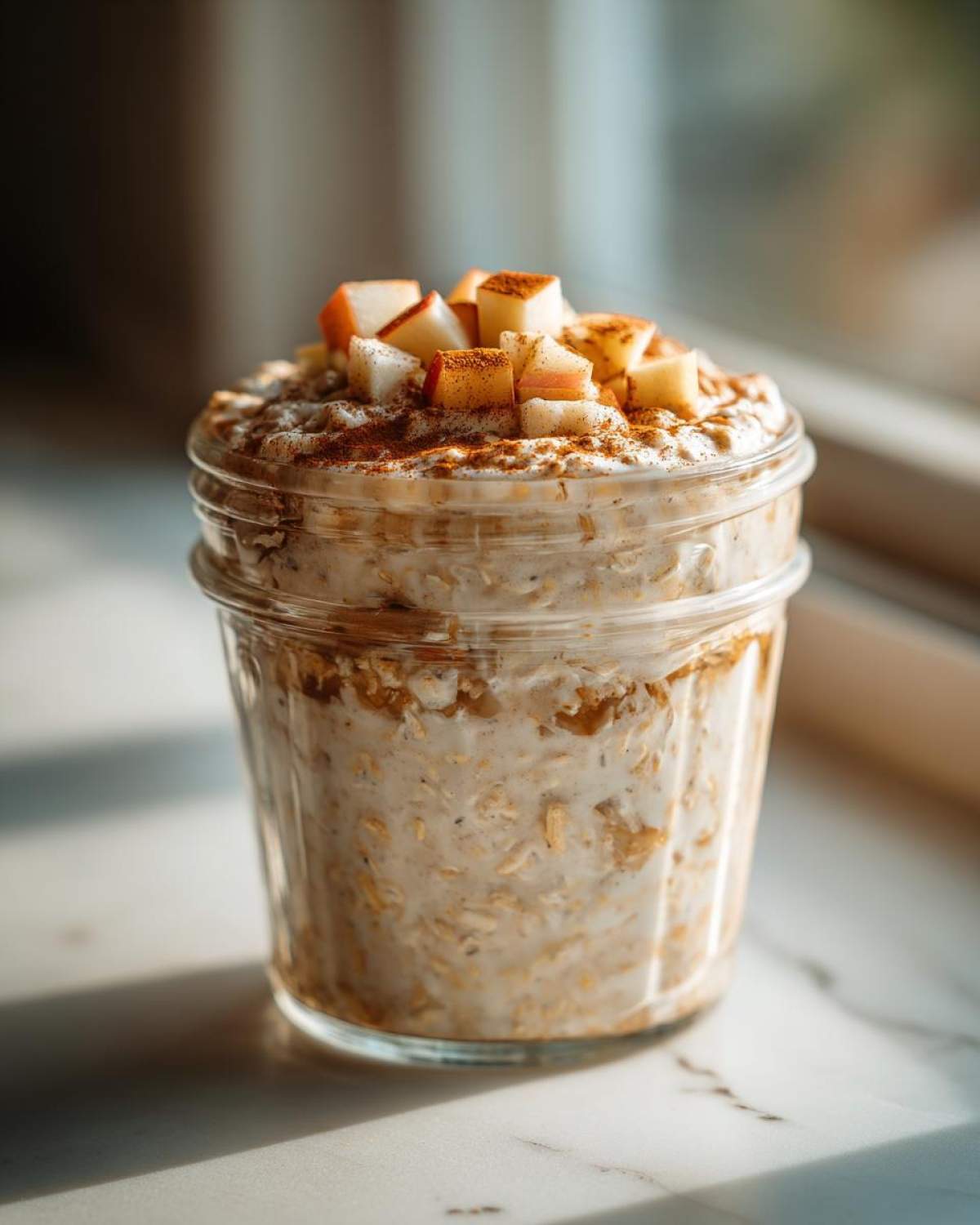 Close-up of apple cinnamon overnight oats in a glass jar, topped with diced apples and cinnamon.