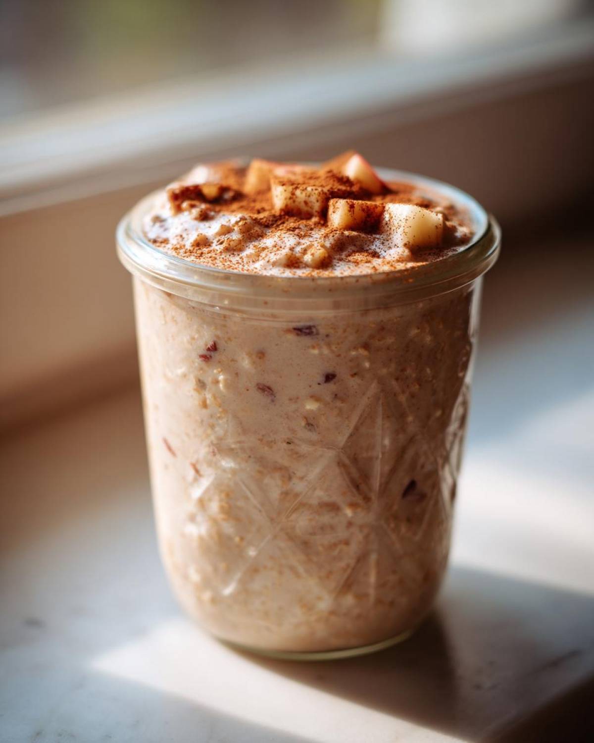 A glass jar filled with creamy apple cinnamon overnight oats, topped with diced apples and a dusting of cinnamon.
