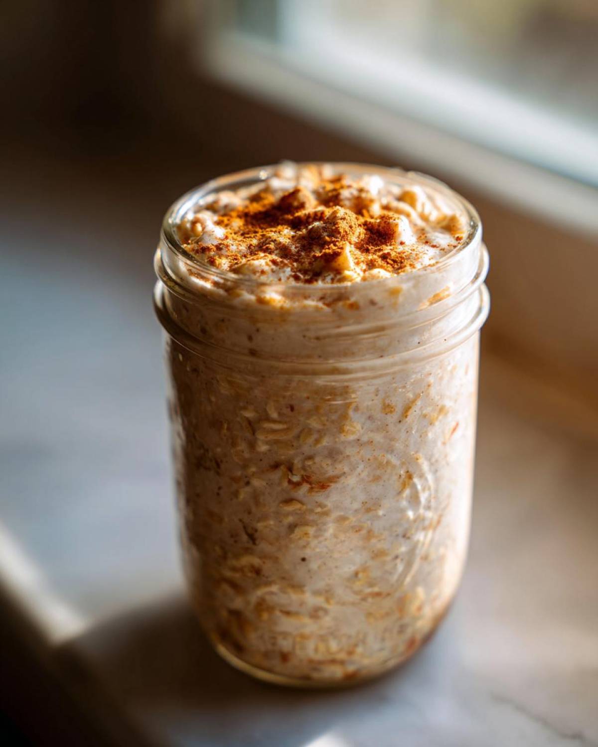 A close-up of apple cinnamon overnight oats prepared in a glass jar, topped generously with ground cinnamon.