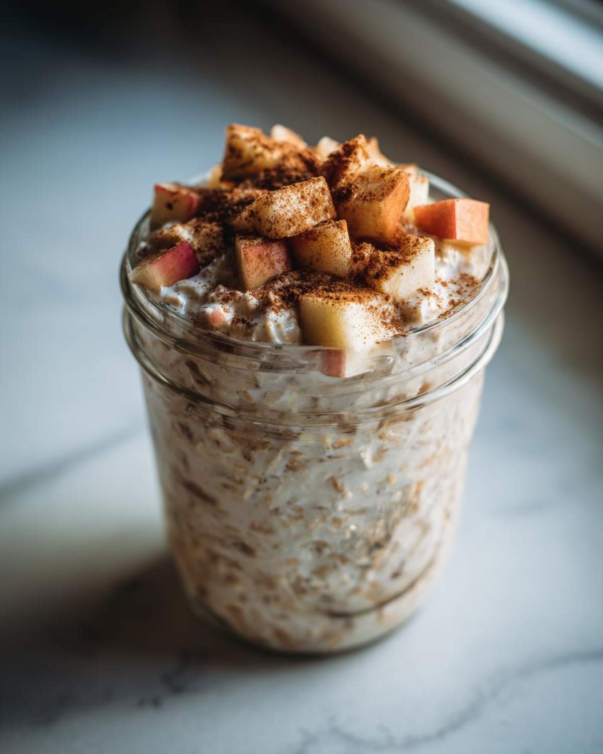 Close-up of apple cinnamon overnight oats in a glass jar, topped with fresh diced apples and a sprinkle of cinnamon.
