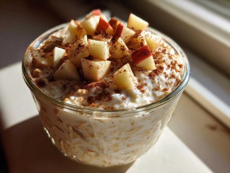A glass jar filled with creamy apple cinnamon overnight oats, topped with diced apples and a dusting of cinnamon.