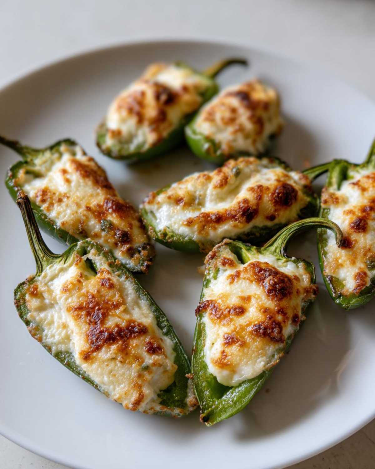 Six baked jalapeño poppers, halved and stuffed with creamy filling and topped with browned, melted cheese.