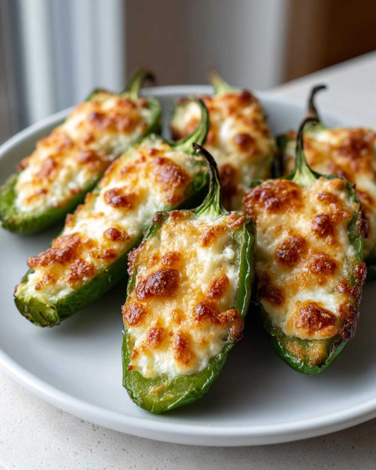 A plate of baked jalapeño poppers stuffed with creamy cheese and topped with golden-brown, melted cheese.