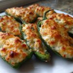 A plate of baked jalapeño poppers stuffed with creamy cheese filling and topped with golden-brown melted cheese.