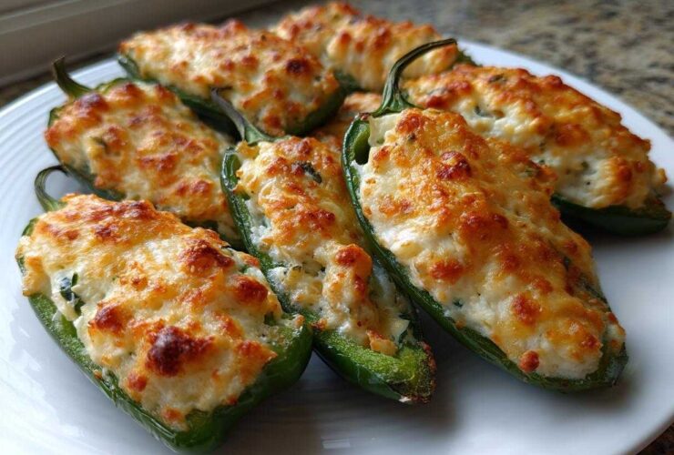 A plate of baked jalapeño poppers stuffed with creamy cheese filling and topped with golden-brown melted cheese.