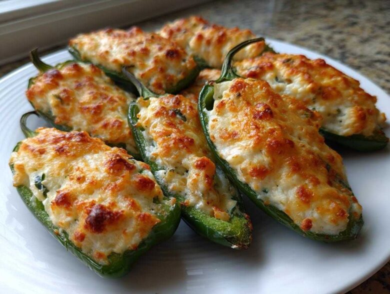 A plate of baked jalapeño poppers stuffed with creamy cheese filling and topped with golden-brown melted cheese.